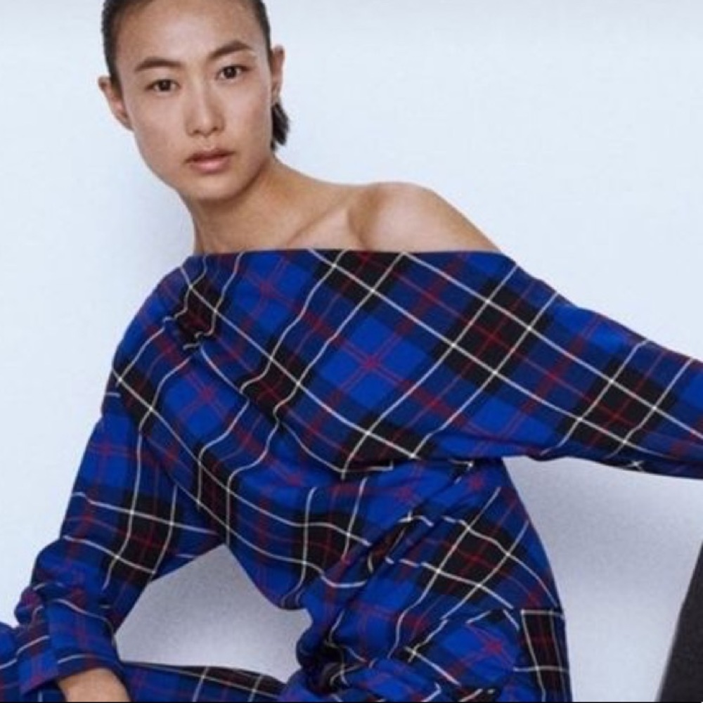 Plaid off the shoulder top